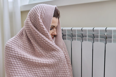 Winter, heating season. Woman in warm sweater sitting in home room near heating radiator
