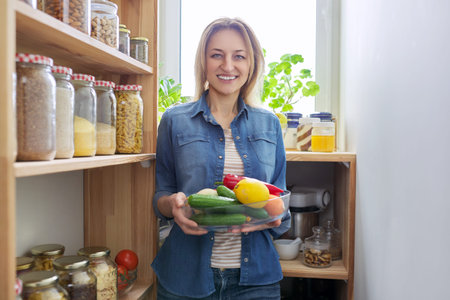 Portrait of a middle-aged woman in the kitchen in the pantry with a bowl of vegetables in her hands.