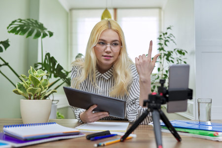 Female teenager student using digital tablet and smartphone for study