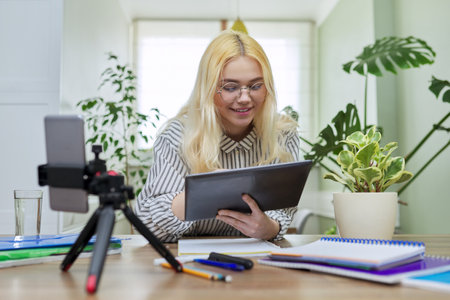 Female teenager student using digital tablet and smartphone for studyの写真素材