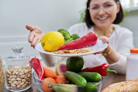 Close-up plate with a set of food, for a healthy lifestyleの写真素材