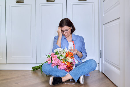 Sad upset middle aged woman with a bouquet of flowersの写真素材