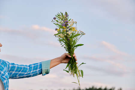 Womans hand with bouquet of wildflowers, sky in clouds backgroundの写真素材