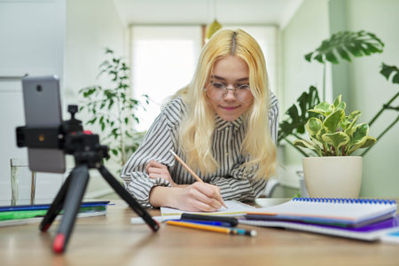 Female student teenager studying at home online using smartphone.