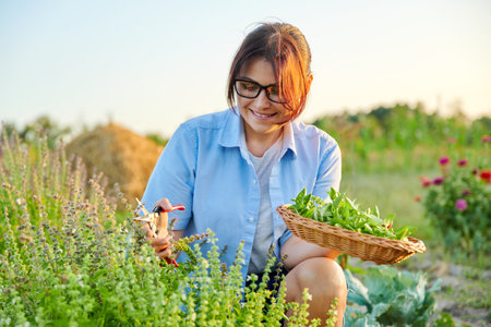 Woman picking fragrant basil leaves in basketの写真素材