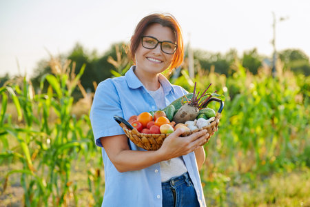 Middle aged woman with basket of fresh organic vegetables in garden, farm
