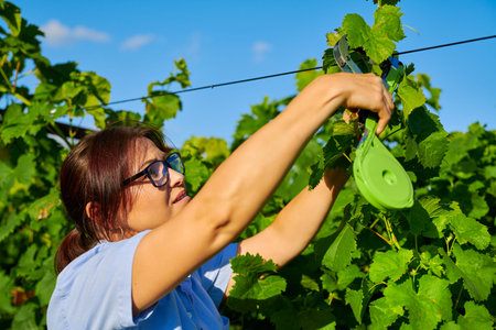 Tying up the vine in the vineyard in the spring summer season.