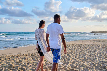 Young happy couple walking on the beach holding hands, back view.の写真素材