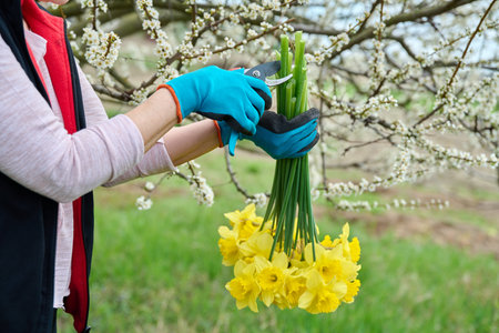 Close-up of bouquet of yellow narcissus flowers in hands of woman