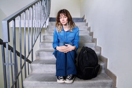 Beautiful teenage female with backpack sitting on steps looking at camera
