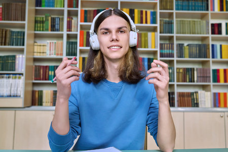 Teenage college student in headphones looking at webcam, sitting at desk in library