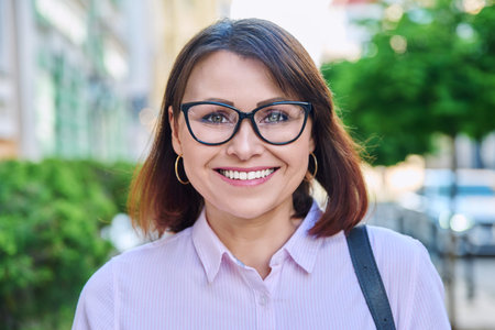 Headshot of smiling middle aged woman looking at camera outdoor