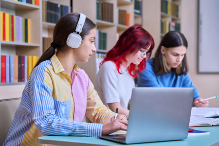 Group of teenage students study in school library