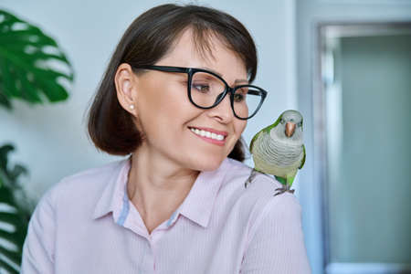 Middle aged woman at home with a pet parrot on her shoulderの写真素材
