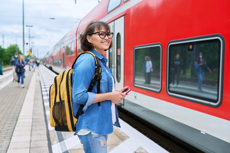 Woman passenger waiting for commuter train at station outdoor platform