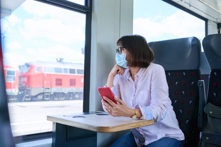 Woman passenger in medical face mask is sitting inside train