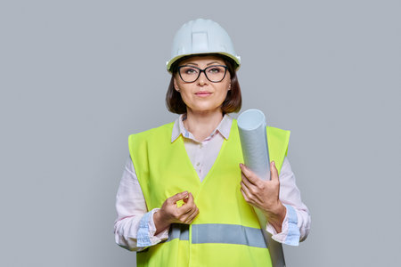 Female industrial worker with blueprint, safety vest and hard hat, on gray backgroundの写真素材