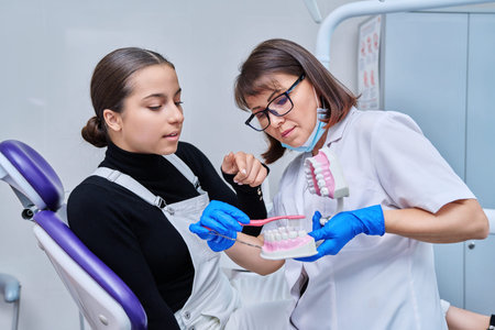 Teenage female sitting in dental chair, doctor with jaw model and toothbrush