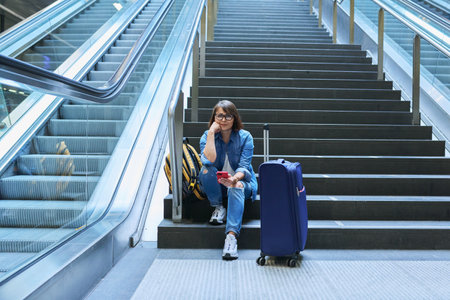 Woman passenger tourist at station with luggageの写真素材