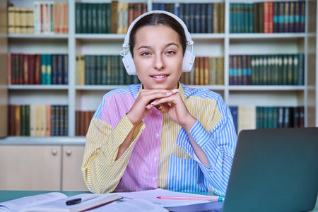 Teenage girl student studying in library, using laptop