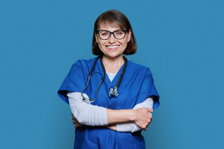 Portrait of middle aged doctor in uniform looking at camera on blue backgroundの写真素材