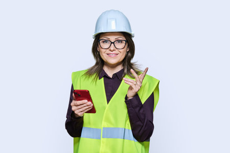 Woman industrial worker in helmet vest with smartphoneの写真素材