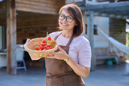 Smiling woman in apron showing branch of ripe red yellow cherry tomatoesの写真素材