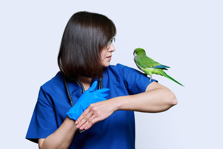 Doctor veterinarian examining green Quaker parrot, on white backgroundの写真素材