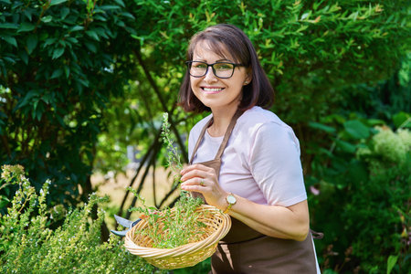 Smiling female with sprig of savory branch, harvesting spicy fragrant herbsの写真素材