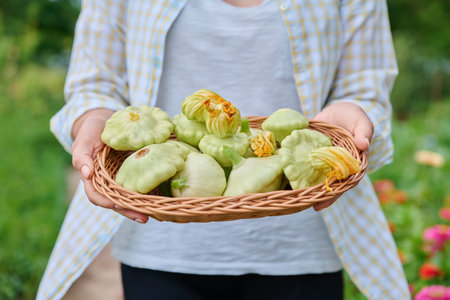 Close-up of crop of patisons in basket in hands of womanの写真素材