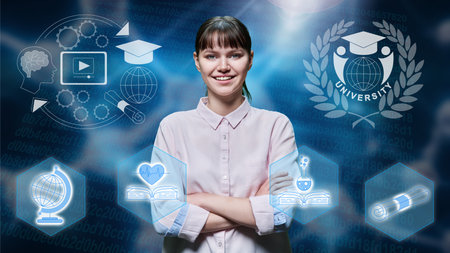 Portrait of university student girl on glowing background with educational signsの写真素材