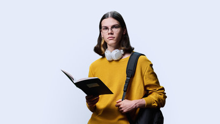 Portrait of teenage student guy on white studio backgroundの写真素材