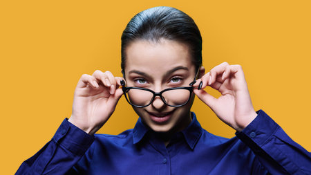Teenage girl student holding glasses looking at camera on yellow backgroundの写真素材