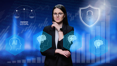 Portrait of confident female lawyer on background with artificial intelligence ship legalの写真素材