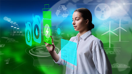 Young teenage female student choosing ecological renewable energy on digital screen