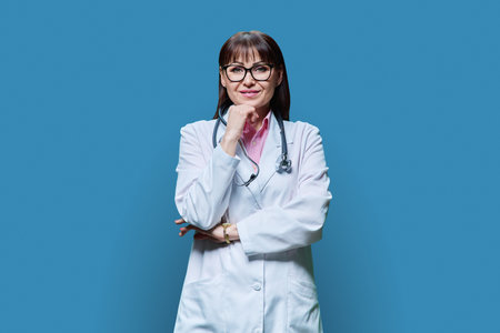 Portrait of middle-aged woman doctor in white coat on blu studio backgroundの写真素材
