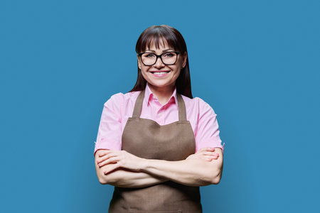 Portrait of middle aged woman in apron on blue studio backgroundの写真素材