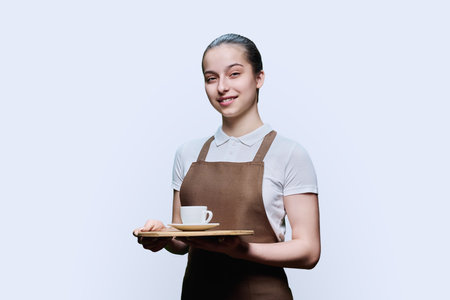 Young teenage female waitress holding tray with cup of coffee, on white backgroundの写真素材