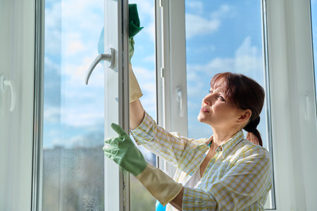 Woman cleaning windows at home using spray and microfiber clothの写真素材