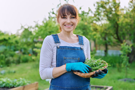 Portrait of smiling farmer woman with basket of arugula herbs looking at cameraの写真素材
