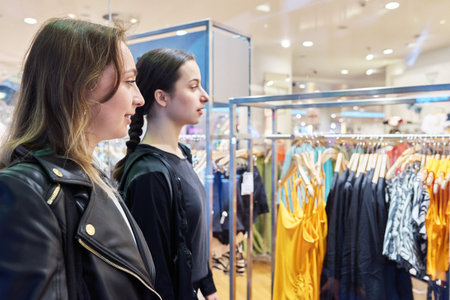 Warsaw, Poland, 12.05.2023. Two young females looking at showcase with clothes in mall