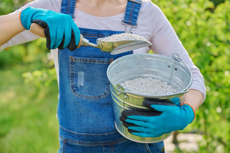 Close-up of female gardeners hand with iron bucket of granular fertilizerの写真素材