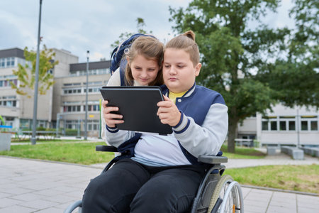Children together outdoor, girl and boy on wheelchair talking near school buildingの写真素材