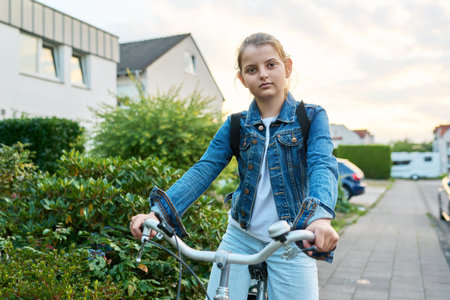 Schoolgirl child 10, 11 years old with backpack on bicycle on street near houseの写真素材