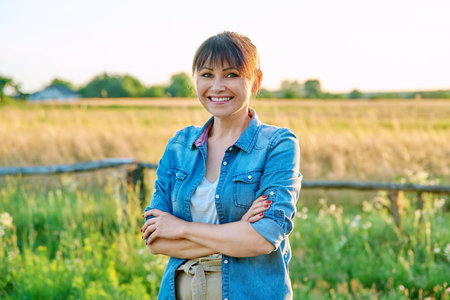 Portrait of smiling middle aged woman looking at camera, summer countrysideの写真素材