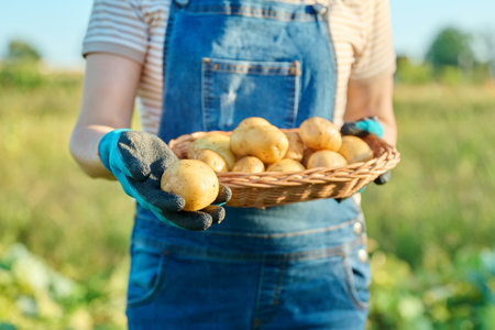 Fresh dug potatoes in hands of farmer, farmers marketの写真素材