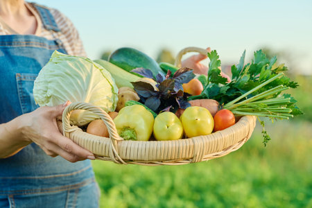 Basket with harvest of summer vegetables in hands of woman, farmers marketの写真素材