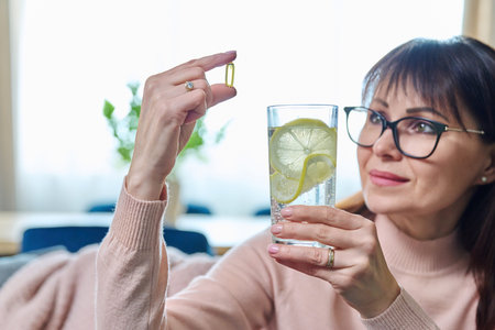 Middle-aged woman taking dietary supplement, fish oil capsule, omega 3