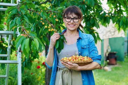 Smiling woman with basket of fresh yellow cherries near cherry tree in summer gardenの写真素材