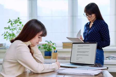 Teenage student studying at desk with computer, trainer mentor helping teaching